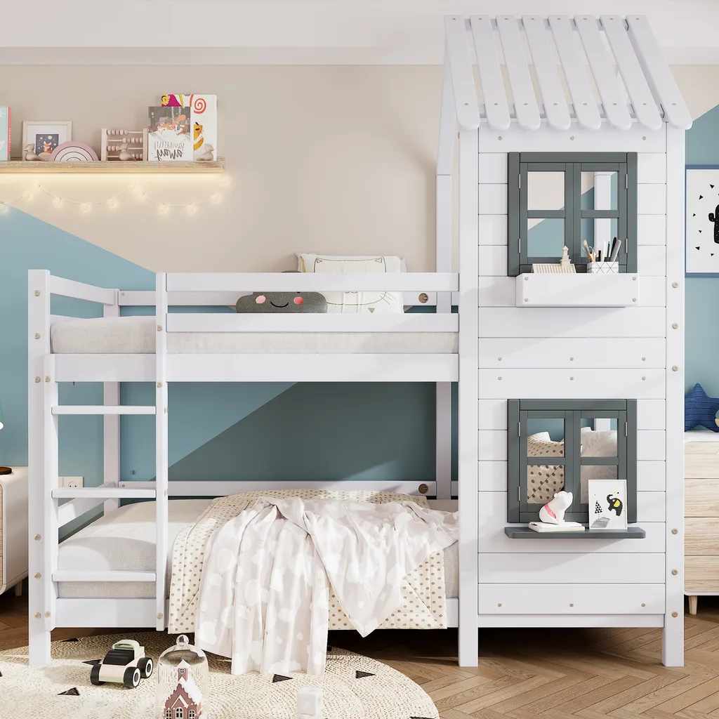 Lit superposé 2 enfants 90x200 en bois de pin avec barrière antichute