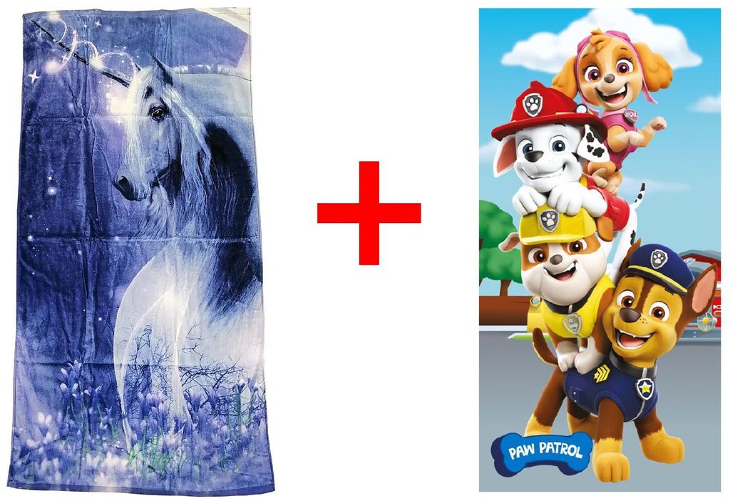Einhorn + Paw Patrol Rubble, Chase, Marshall Badetuch, Strandtuch Handtuch, 70 x 140 cm, 2er-Set