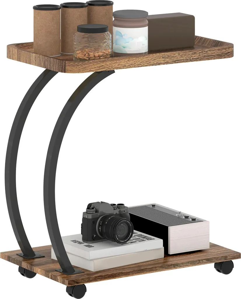 Petite table basse de salon en C avec étagère bois et métal stable 60cm