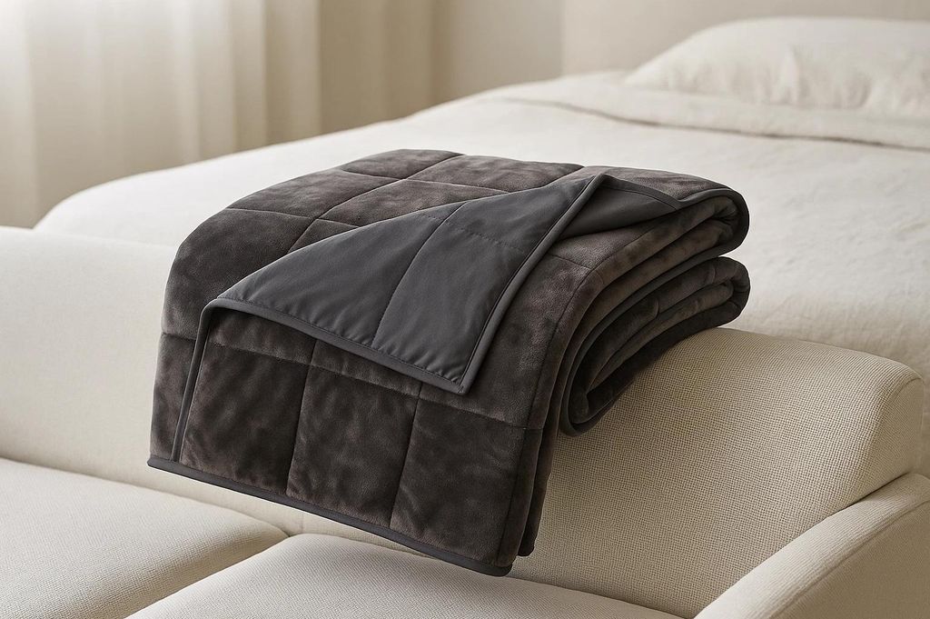 A weighted blanket is folded and draped over the armrest of a sofa, with a bed in the background.