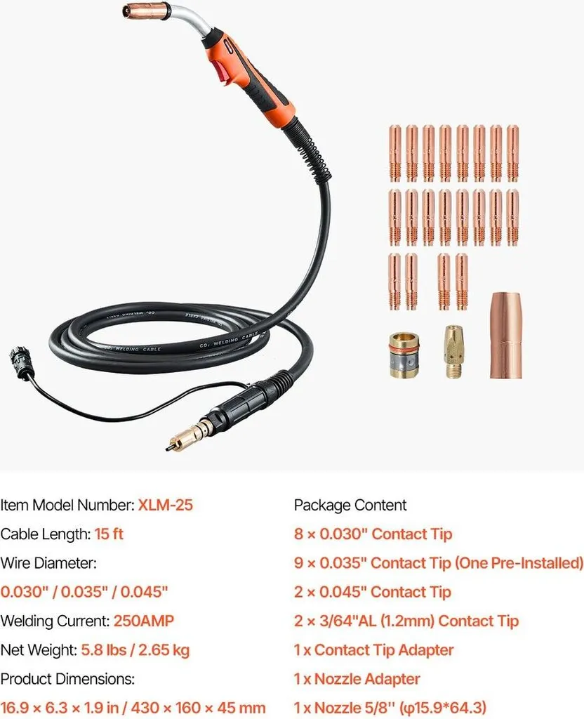 Torche de soudage MIG 250A - Gâchette ergonomique, compatible 0.8/0.9/1.2mm - 7