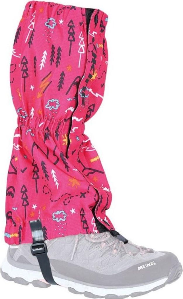 A pair of pink gaiters with a forest pattern is shown on a gray shoe.