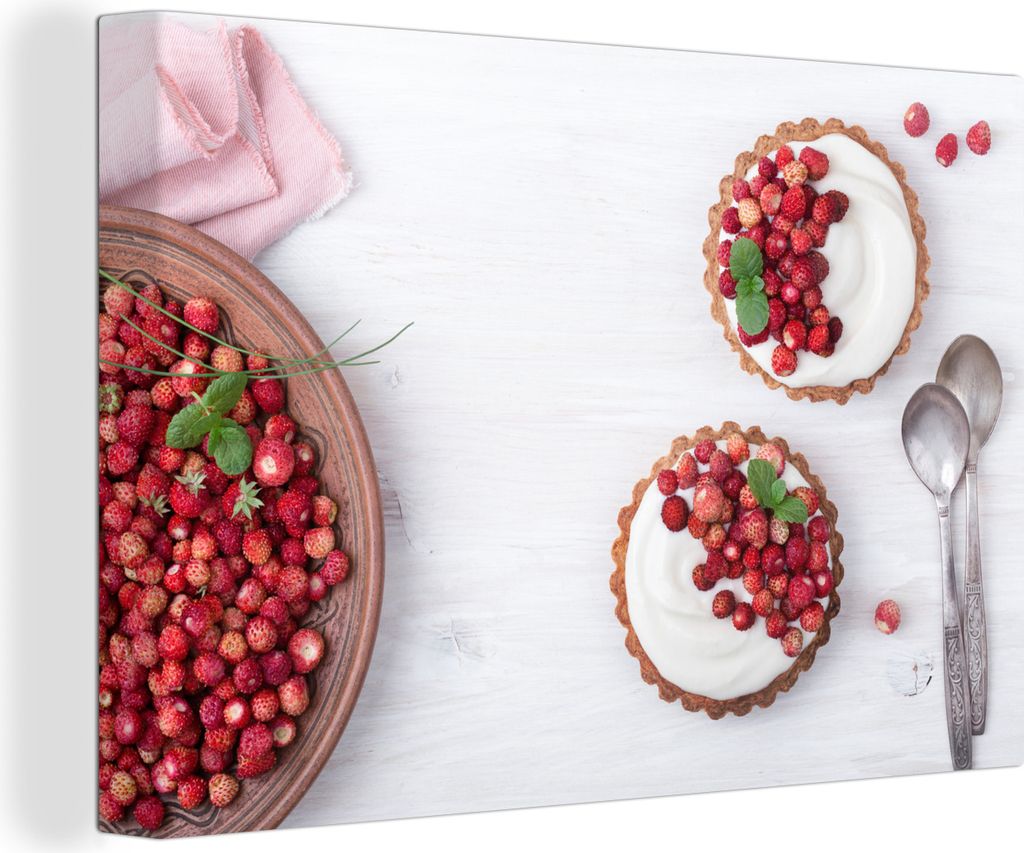 OneMillionCanvasses - Leinwandbilder - 140x90 cm, Walderdbeeren auf Mini-Törtchen zum Dessert, Wandbilder Kunstdruck Wanddekoration - Foto auf L...