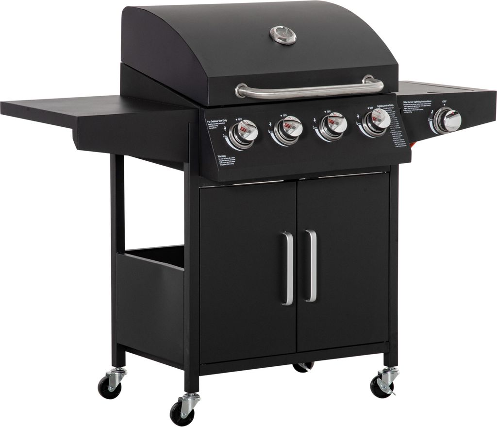 A black gas grill BBQ with a cabinet base and side shelves, shown from a front-diagonal angle against a white background.