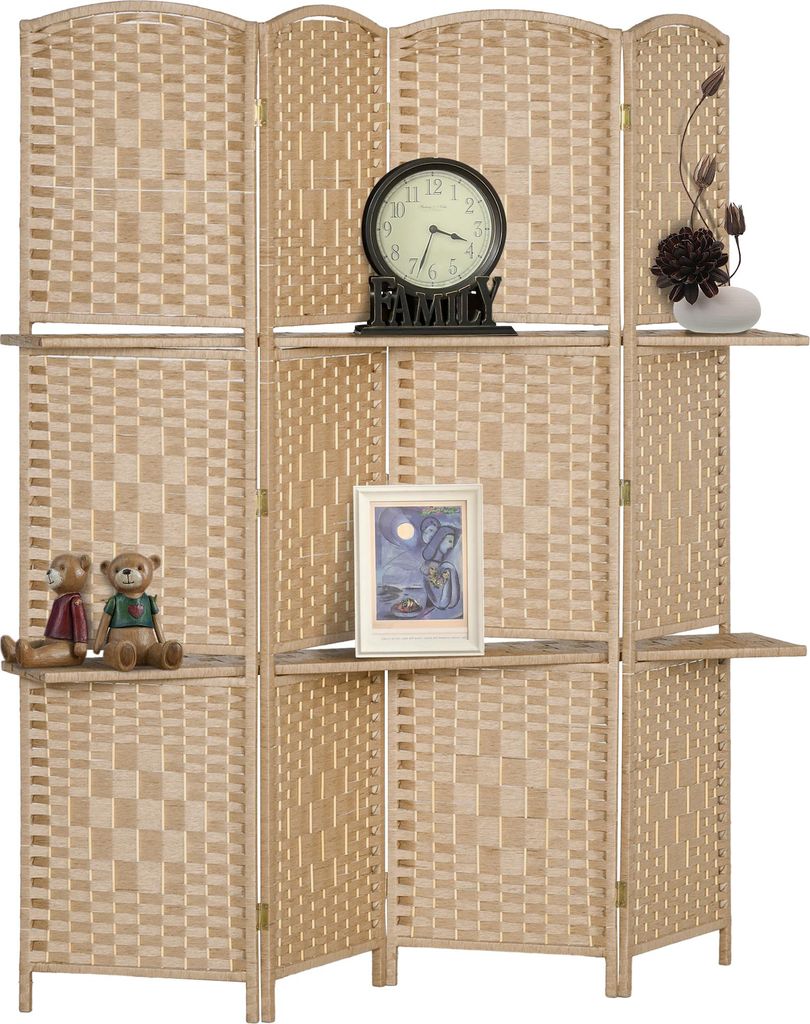 HOMCOM 4-teiliger Raumteiler, 160 x 170 cm, faltbare Trennwand mit 2 Regalen,