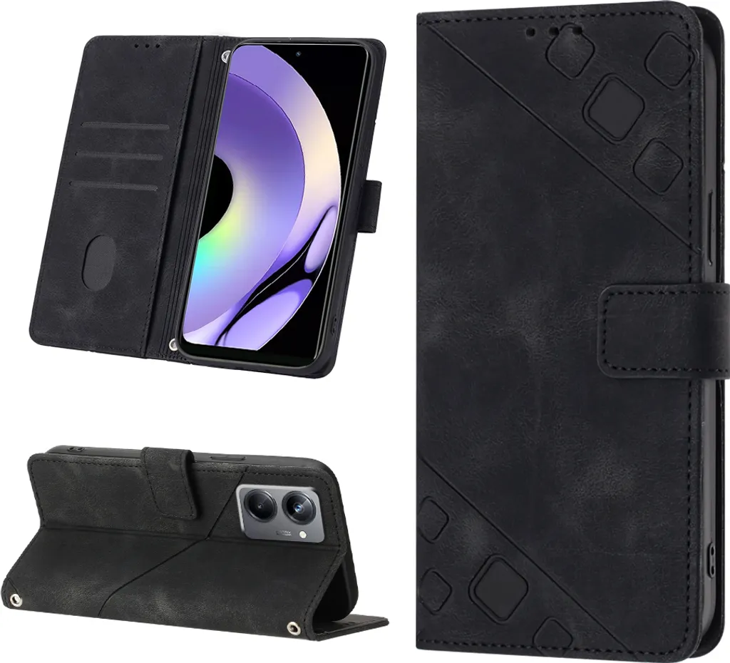 Custodia Nera Realme 10 Pro in Pelle con Supporto e Porta Carte