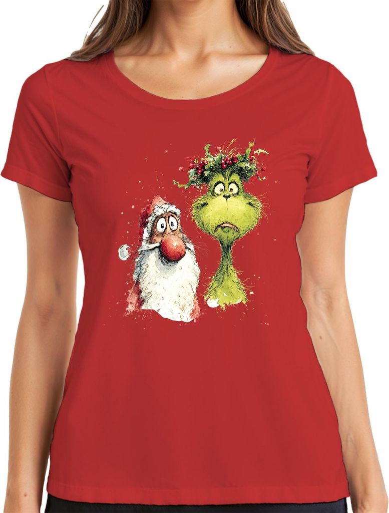 Grinch Weihnachtsmann Weihnachten lustig Geschenk Aquarell Retro Damen T-Shirt, Rot, M