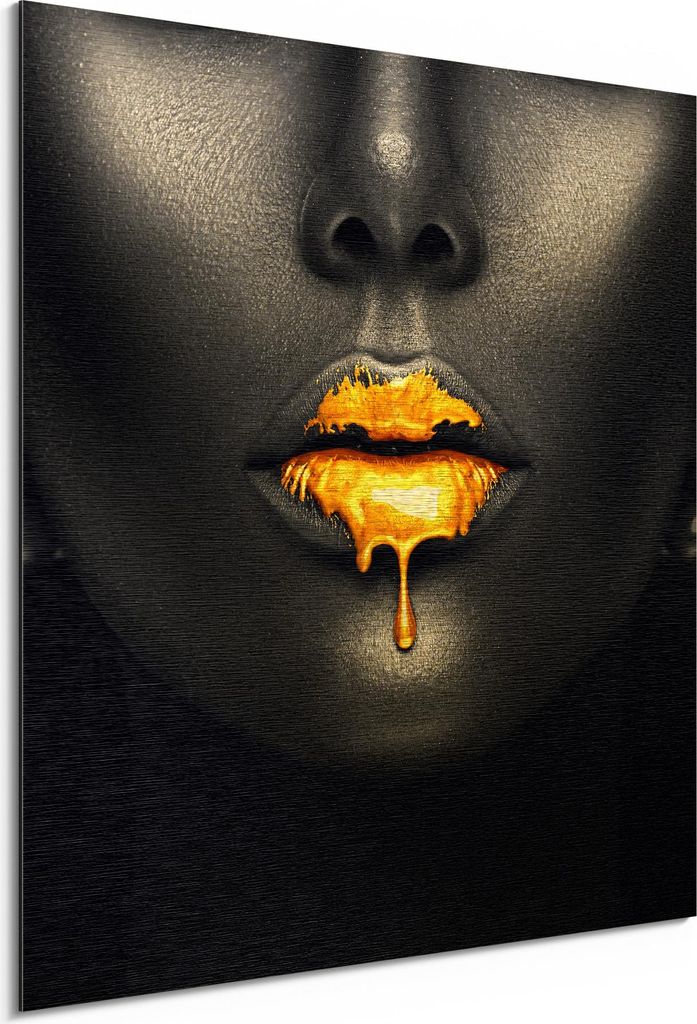DEQORI Alu-Dibond Bild Gold 50x50 cm 'Goldbedeckte Lippen' Wandbild Metall dünn Design