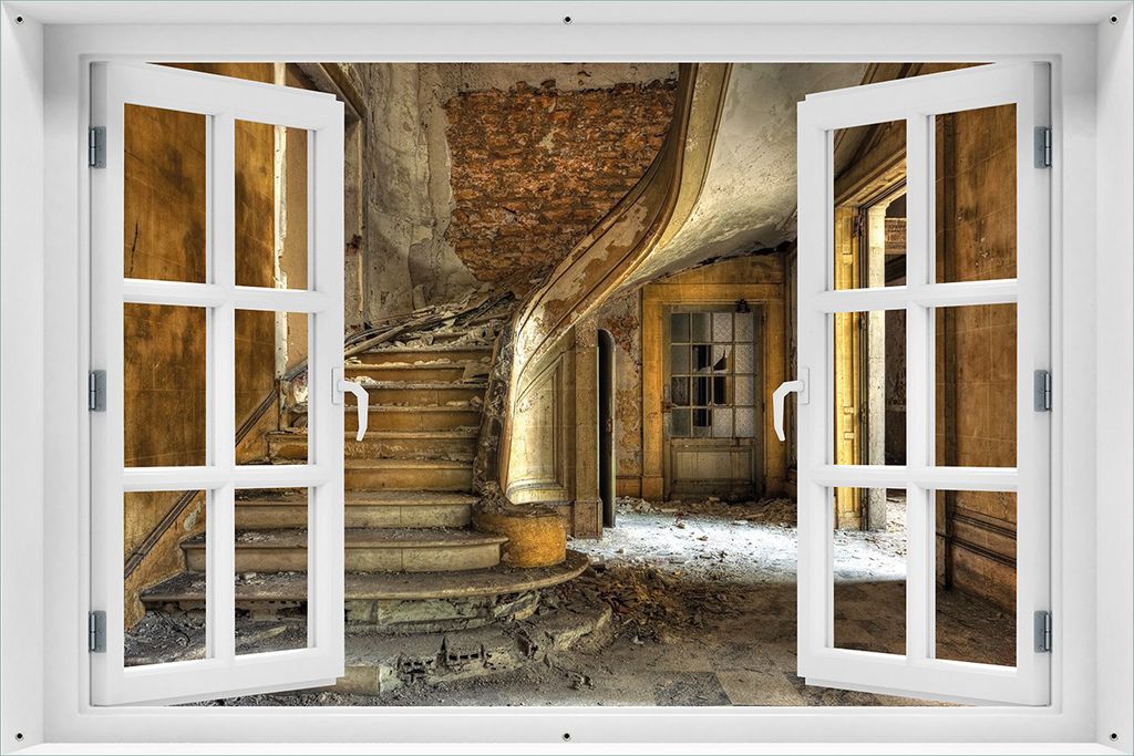 Wallario Outdoor-Poster für Garten oder Balkon 61 x 91,50 cm: Massive Steintreppe in herrenlosem Haus