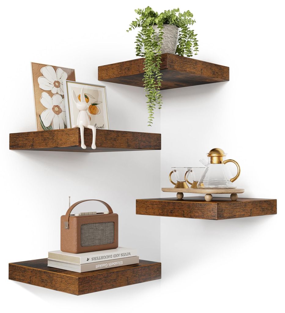 4er-Set Eckwandregale, 25 x 25 x 3,8 cm, rustikales Holzregal, Wandregal, Hängeregal, schwebendes Regal für Bad, Küche, Büro, Kinderzimmer, Woh...