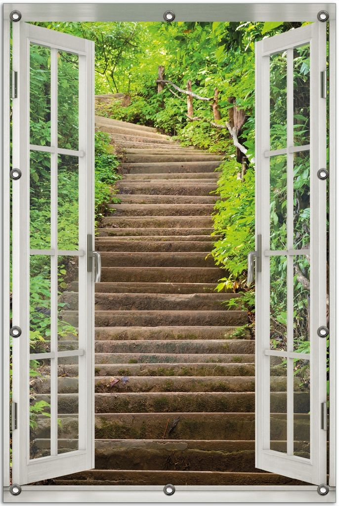 Wallario Outdoor-Poster für Garten oder Balkon 80 x 120 cm: Steintreppe im Wald