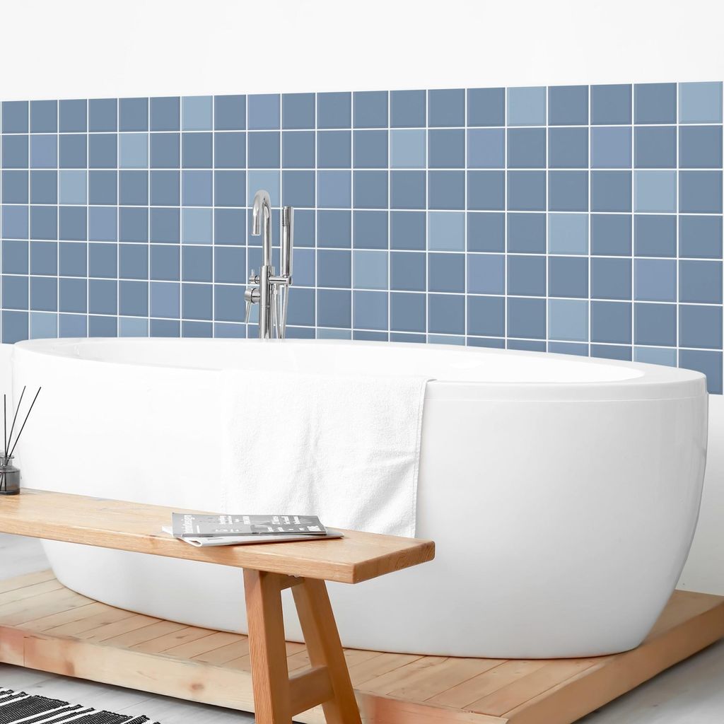 Wandverkleidung Bad mit Motiv selbstklebend - 0.35 mm Wandpaneel matt wasserfest Design blau Fliesenoptik Unifarben Badrückwand fugenlos 100x90 cm