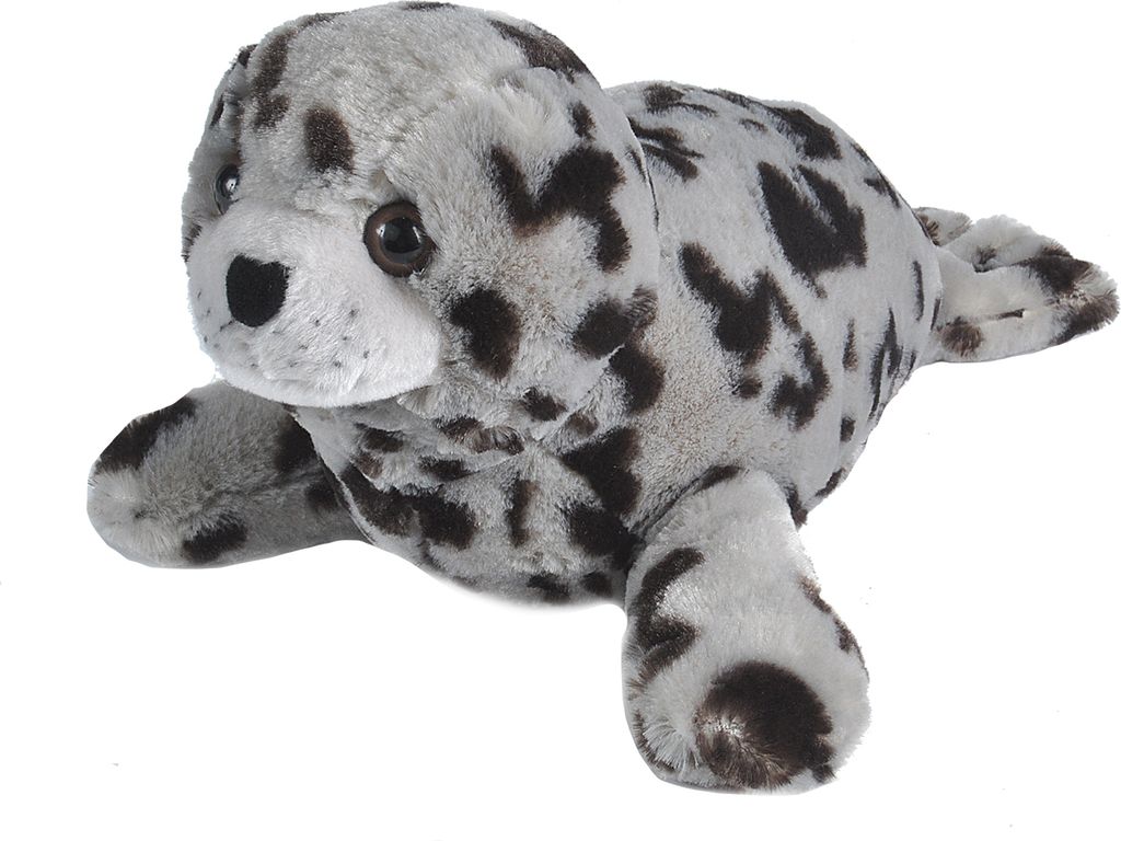 A plush toy seal is lying on a white background.