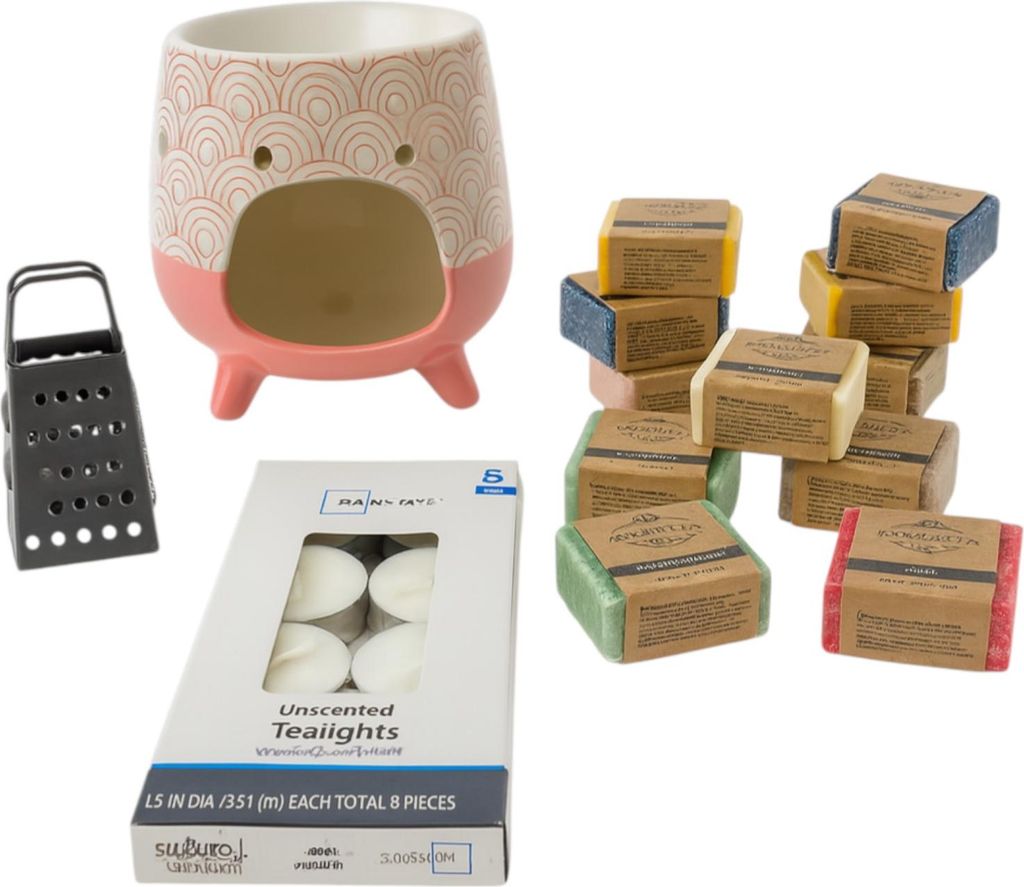 Duftlampen-Set – Bordeauxroter Duftbrenner mit Aussparung, schwarzer Reibe, 6 Teelichter & 12 Scentchips Bernsteinwürfel
