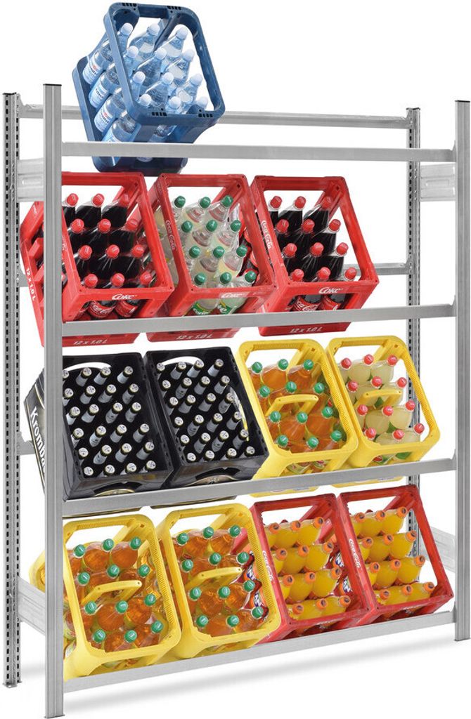 PROREGAL Getränkekistenregal Stecksystem MAGNUS Germany | HxBxT 175x150x30cm | Fachlast 150kg | 4 Ebenen für 16 Getränkekisten | Verzinkt