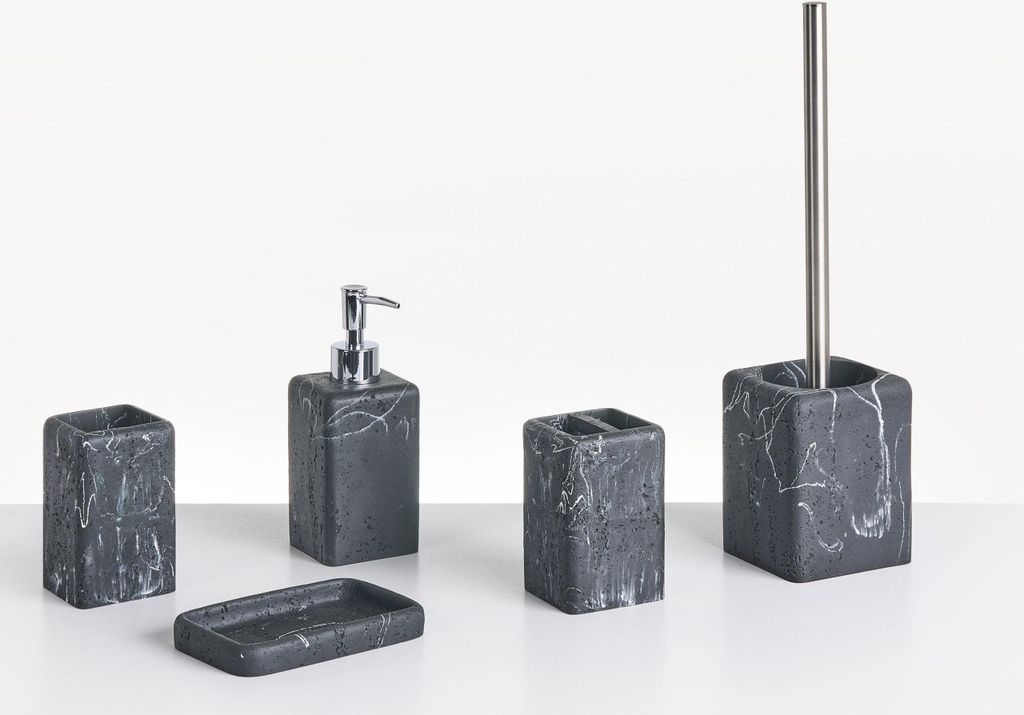 BELIANI Badezimmer Set 5-Teilig Schwarz Kunstharz Betonoptik Marmor-Optik Modern Seifenschale Seifenspender Zahnbürstenhalter Toilettenbürste Becher