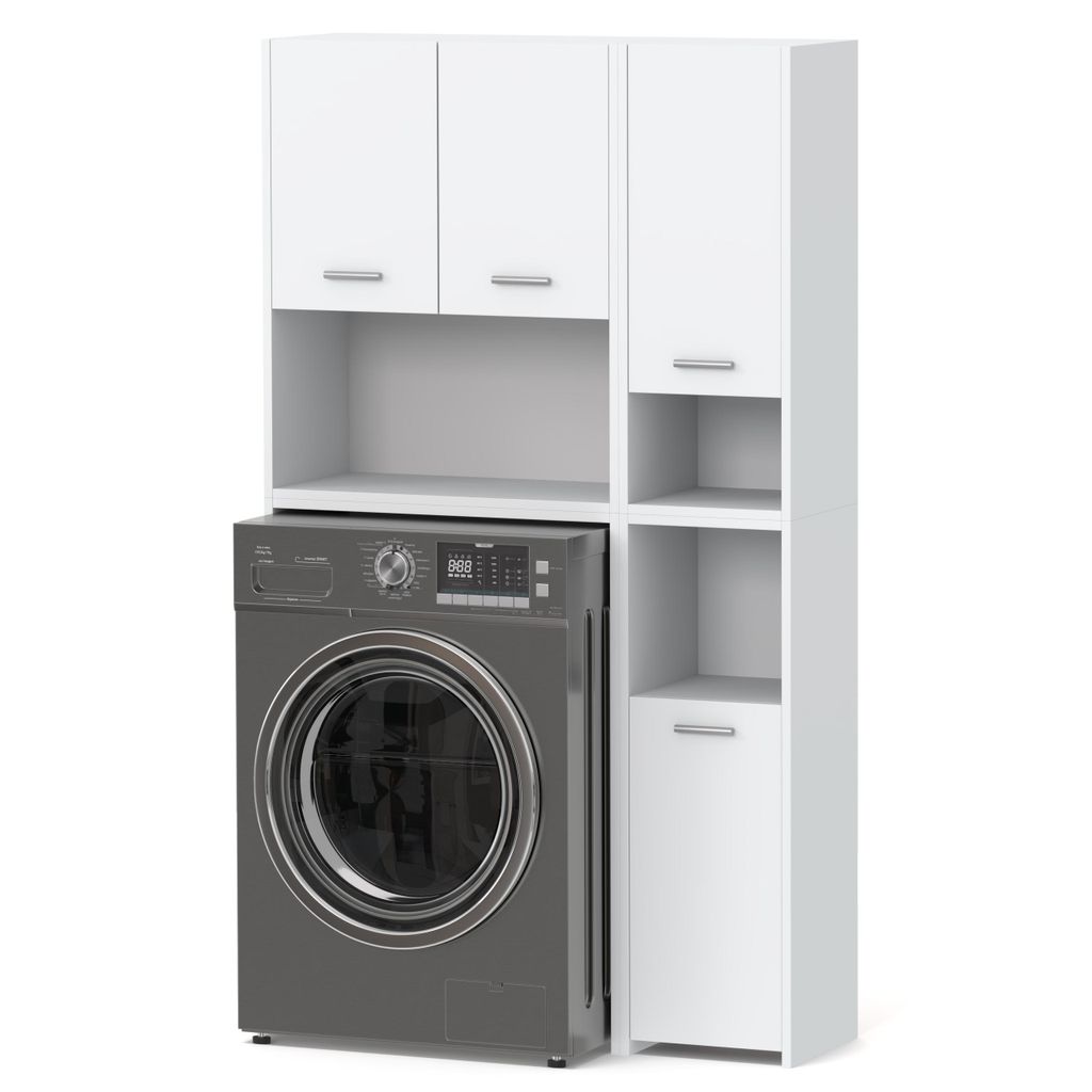 A white cabinet set with a gray washing machine underneath, set against a white background.