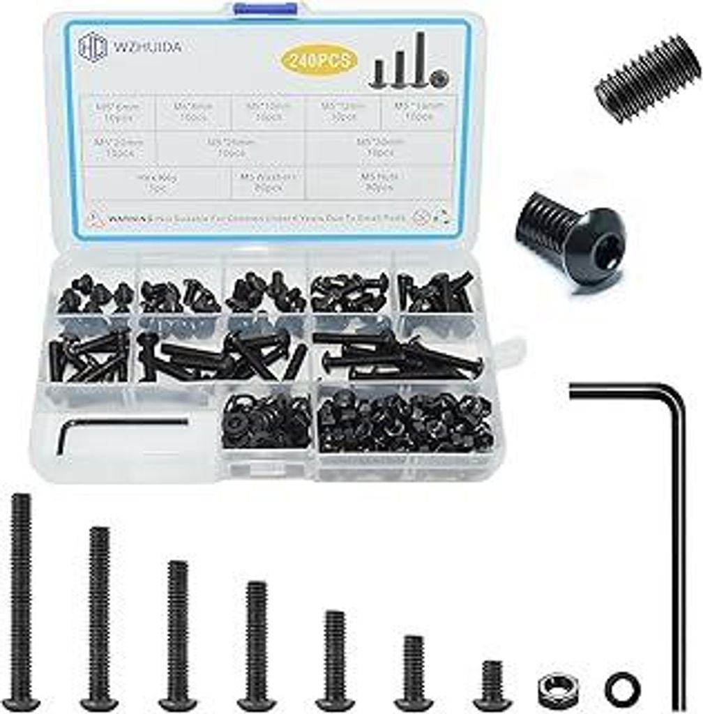 WZHUIDA 240 Stück M5 Schrauben Set, Schwarz Metrisch Linsenkopfschrauben Innensechskant Schrauben Muttern und Unterlegscheiben Sortiment Set, Gewi...