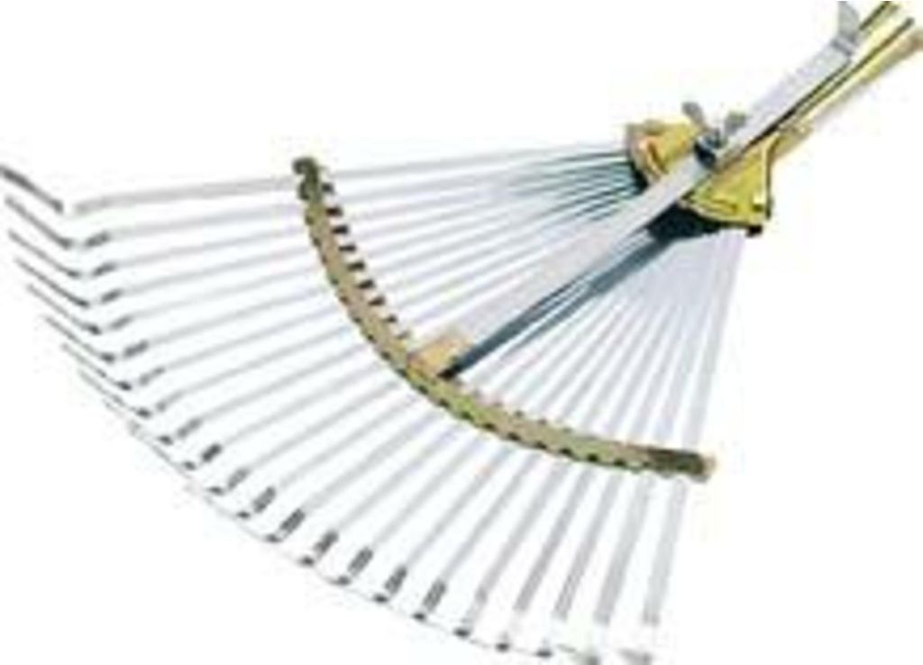 A fan rake with metal tines and a metal handle mechanism, shown against a white background.