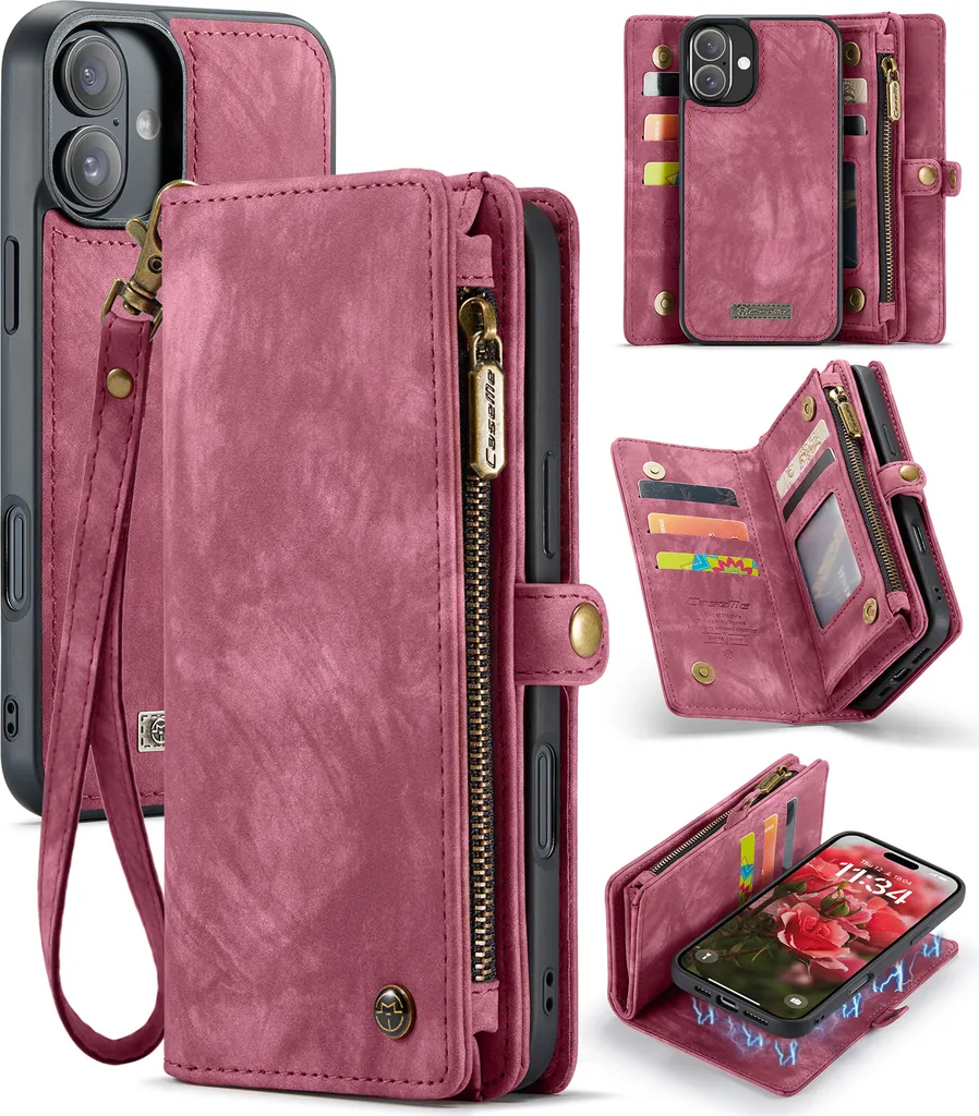 iPhone 16 Plus Custodia Pelle Vintage Rossa Multifunzione Zip