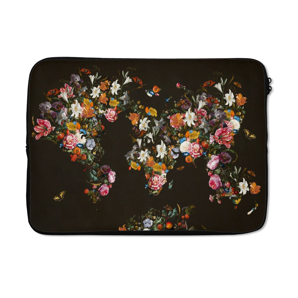 MuchoWow Laptop Hülle 13 Zoll Weltkarte - Blumen - Schmetterling - Schwarz Laptoptasche - Laptophülle - Sleeve - Rundumschutz