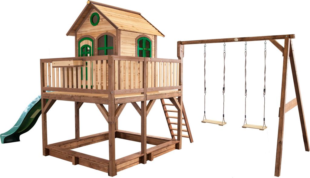 AXI Spielhaus Liam mit Sandkasten, Doppelschaukel & grüner Rutsche | Stelzenhaus XXL in Braun & Grün aus Holz für Kinder | Spielturm mit Wellen...