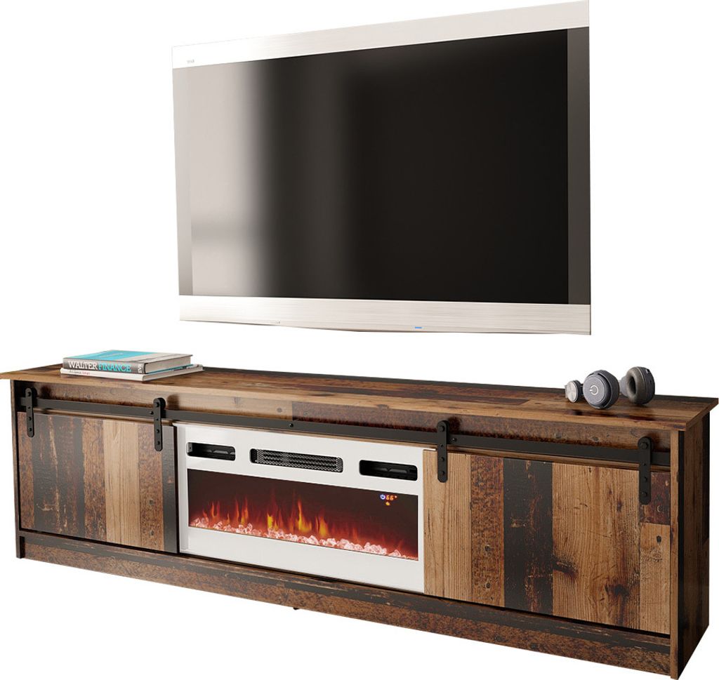 MIRJAN24 TV-Lowboard Granero mit Elektrischem Kamin, Stilvoll TV Schrank, Realistische LED-Flamme (Farbe: Old Wood, mit Kamin Weiss)