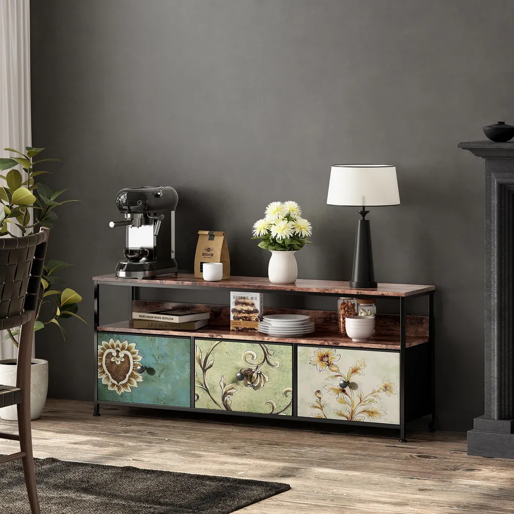 Grand Meuble TV 137 cm pour Salon Moderne, LED Intégrées et Tiroirs