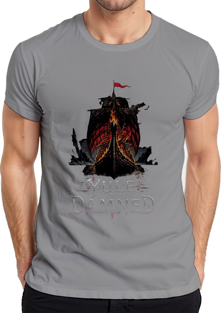 Yule of the Damned Wikinger Langschiff brennend Flammen Gothic Herren T-Shirt, Grau, XXL