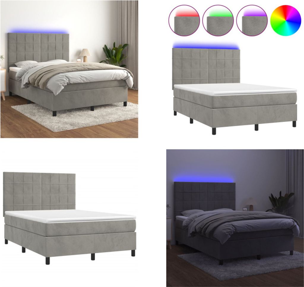vidaXL Boxspringbett mit Matratze & LED Hellgrau 140x200 cm Samt - Boxspringbett - Boxspringbetten - Bett - Betten