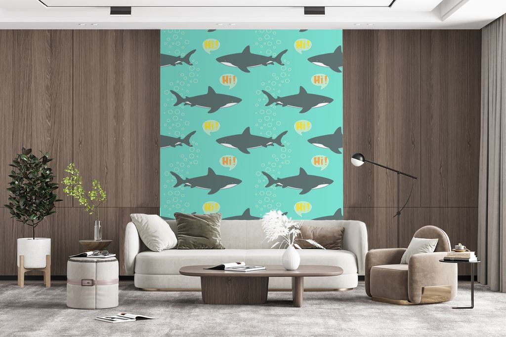 MuchoWow Fototapete für Wohnzimmer oder Schlafzimmer Wandtapete Vinyl Motivtapete Muster - Wasser - Hai - Jungen - Kind - Kinder - 205x280 cm - ...