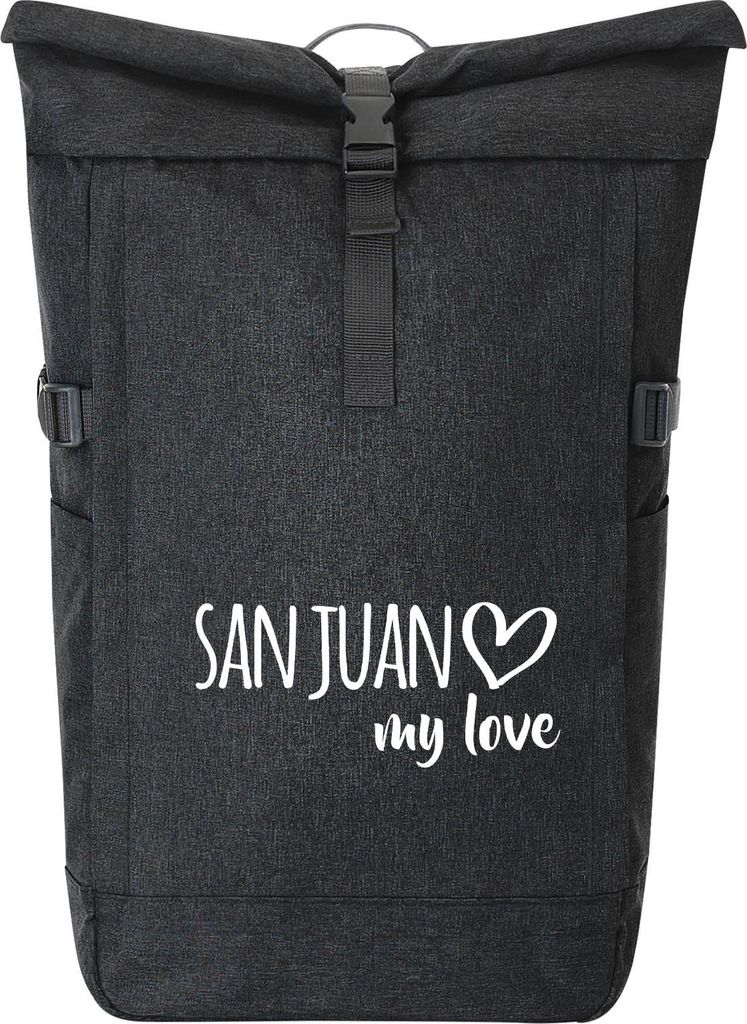 Huuraa Kurierrucksack San Juan my love Geschenk 30-44 Liter Black Melange Fairtrade Rolltop Rucksack San Juan Geschenkidee