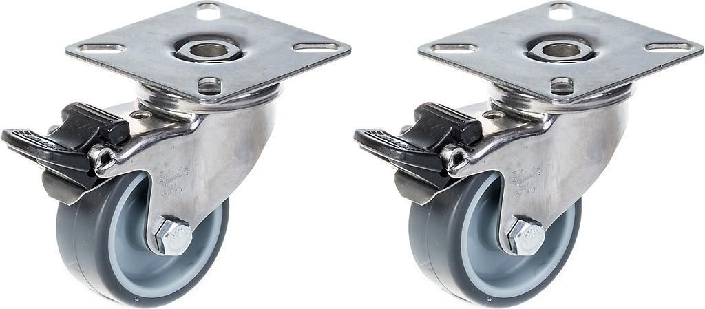 50mm 2" Edelstahl-Rolle grau Gummi, drehbar mit Bremse, 80kg, 2er Set