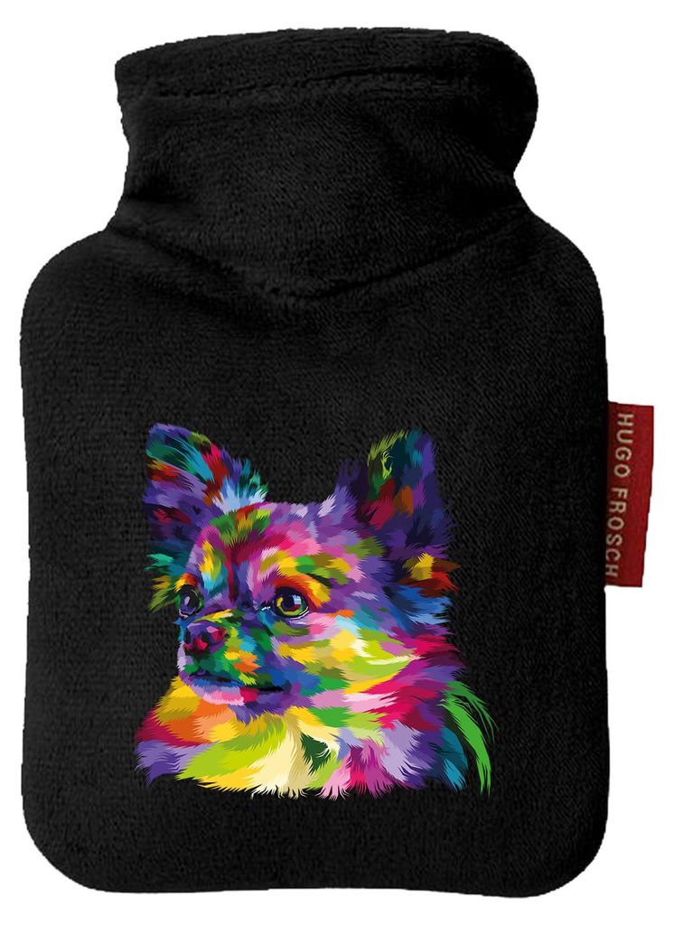 Huuraa Mini-Wärmflasche Chihuahua Colorful 0,2 Liter Black Mini Veloursbezug Taschenwärmer Geschenkidee