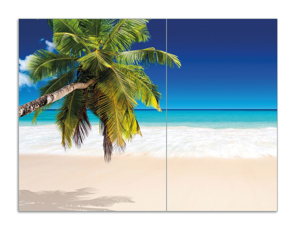 Wallario Herdabdeckplatte aus Glas, Größe 70 x 52 cm 2-teilig, Motiv Südseestrand in der Karibik mit Palme