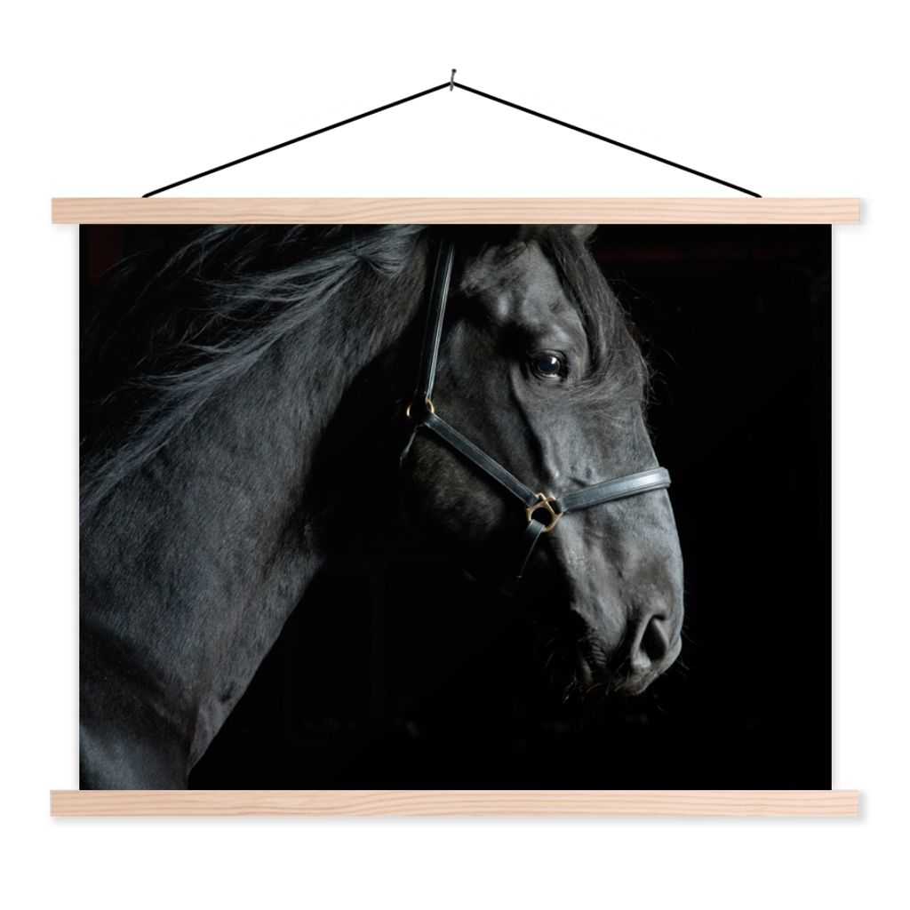 MuchoWow Textilposter Pferd - Leicht - Schwarz 60x45 cm mit holzfarbenen Rahmen - Bild