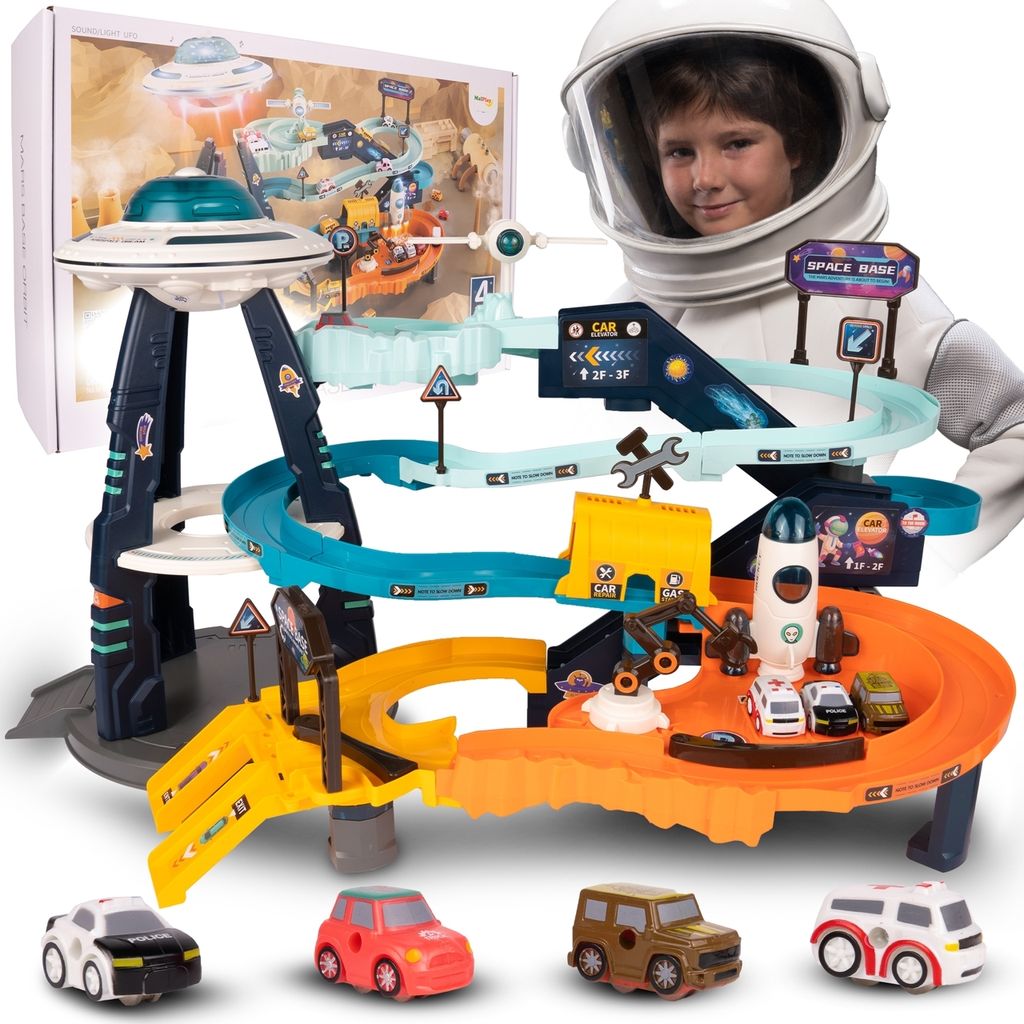 Malplay Rennbahn Car Track Set mit 4 Autos Elektrisch Autorennbahn Kosmos Racing | UFO | Spielzeug | für Kinder ab 3 Jahren