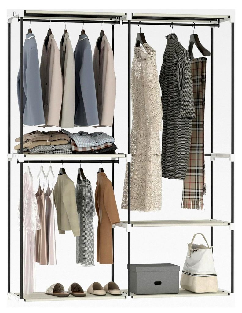 Kleiderschrank, Offener Kleiderschrank mit 4 Regalen und 3 Kleiderstangen, 142x43x185 cm, Metallrahmen, für Schlafzimmer, Wohnzimmer, Ankleidezimm...
