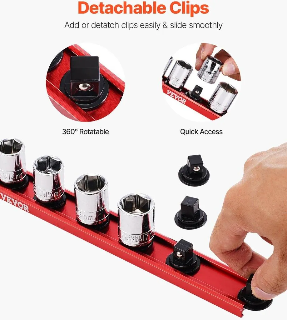 AMM Organizer Per Prese 18 Pezzi | Kit Clip Per Bussole 1/4, 3/8, 1/2 | Supporto Da Cassetto O Parete | Resistente E Colorato - 3