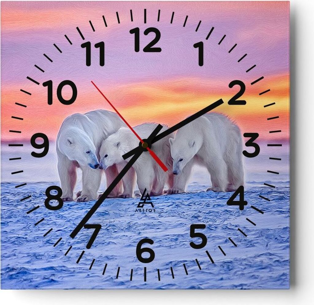Wanduhr - Quadrat - Glasuhr - Bären Winter Schnee Familie - 40x40cm - Schleichendes Uhrwerk - Lautlos - zum Aufhängen bereit - Dekoration Modern ...