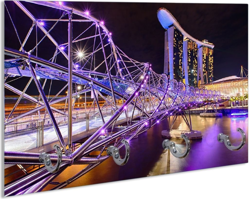 Wallario Schlüsselbrett aus Glas, Motiv: Helix-Brücke in Singapur bei Nacht, 30 x 20 cm mit 4 Haken