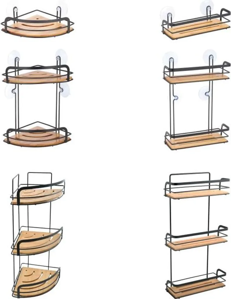 Rangement de douche d'angle design noir mat et bambou sans trous de perçage