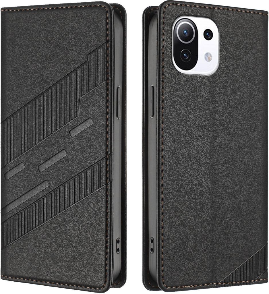 Hülle für Xiaomi Mi 11 Lite/Mi Xiaomi 11 Lite 5G Ne, Kunstleder Brieftaschen Handyhülle mit Kartenfach und Standfunktion Schwarz