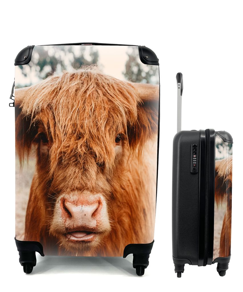 MuchoWow Koffer Handgepäck Trolley Rollkoffer Kleine Reisekoffer mit 4 Rollen - Kuh - Schottischer Hochländer - Hörner - Braun - Landschaft - ...