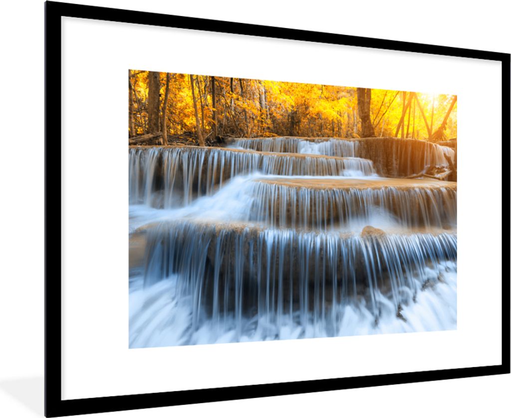 MuchoWow Gerahmtes Poster Wasserfall - Natur - Bäume - Herbst - Landschaft 90x60 cm - Poster mit Schwarzem Bilderrahmen Wandposter Rahmen Foto B...