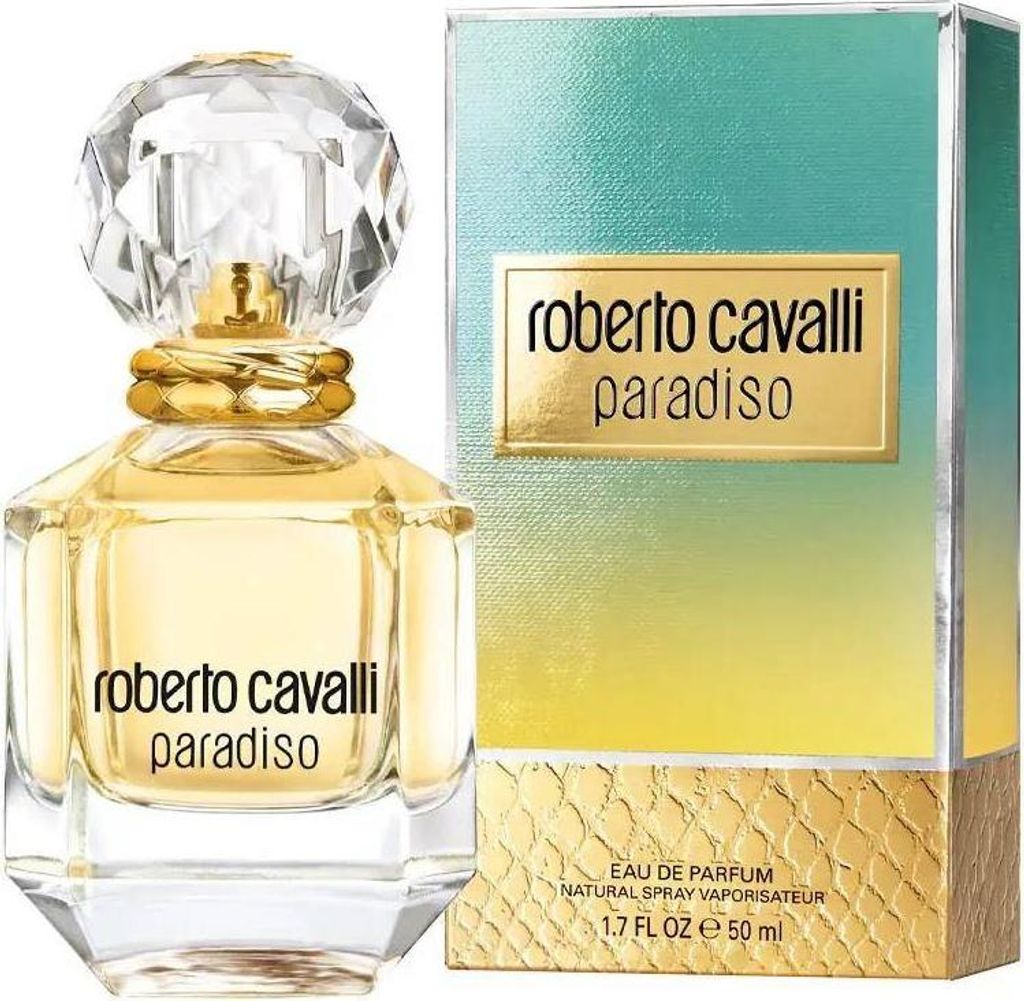 A perfume bottle and its packaging are displayed against a white background.