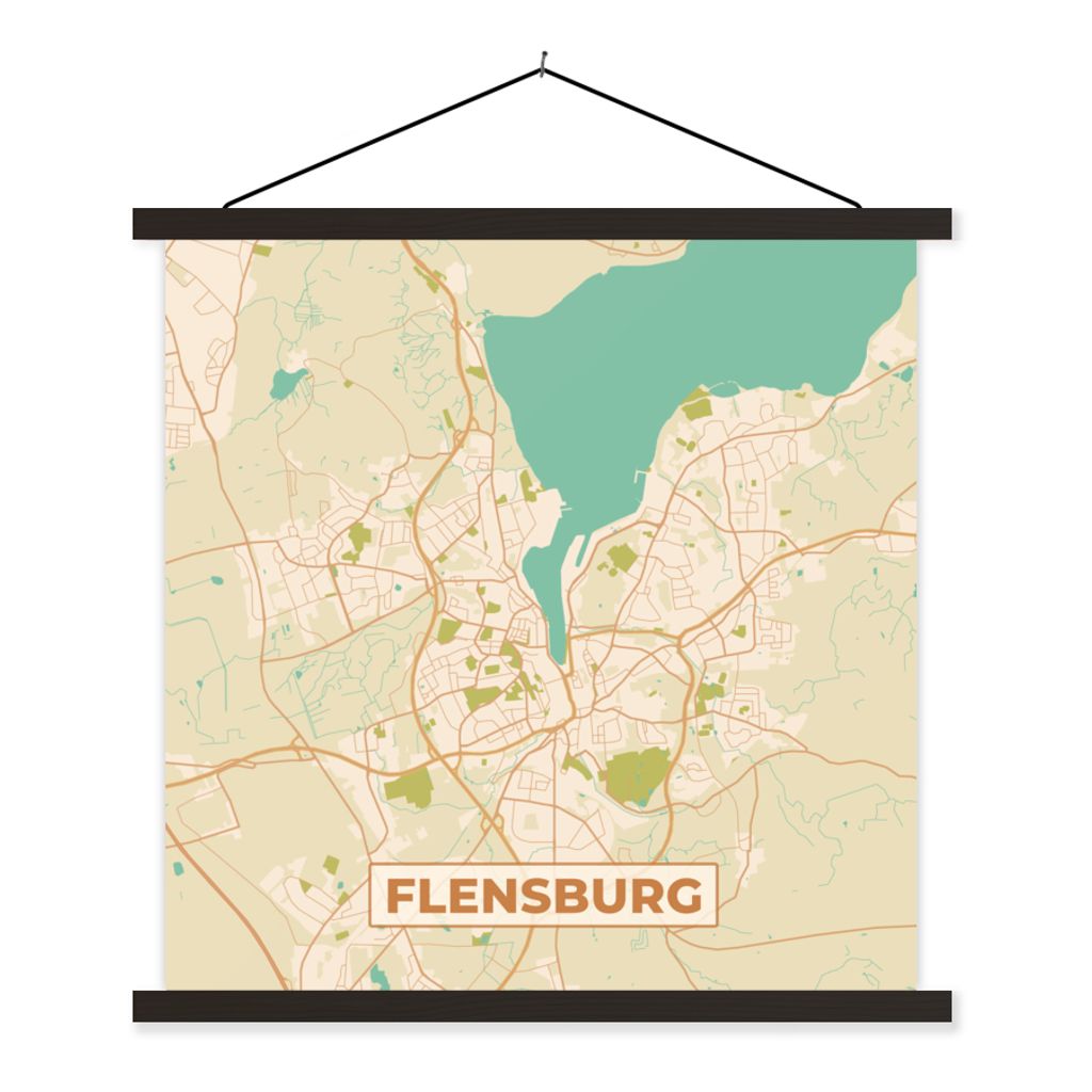 MuchoWow Textilposter Flensburg - Karte - Stadtplan - Vintage 60x60 cm mit schwarzem Rahmen - Posteraufhänger