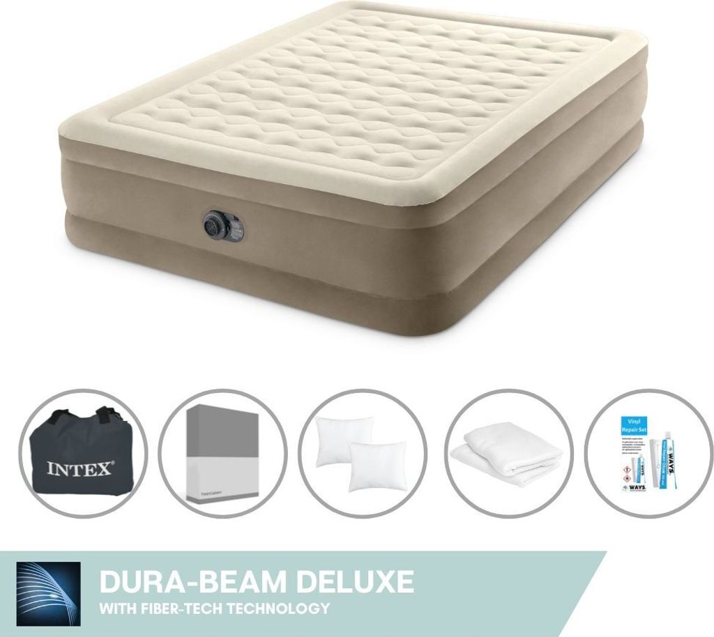 Intex Luftbett - 2 Personen - 152 x 203 x 46 cm - Beige - Mit eingebauter Pumpe + Spannbettlaken Anthrazit + Kopfkissen + Molton 2 in 1 Kissenbezü...