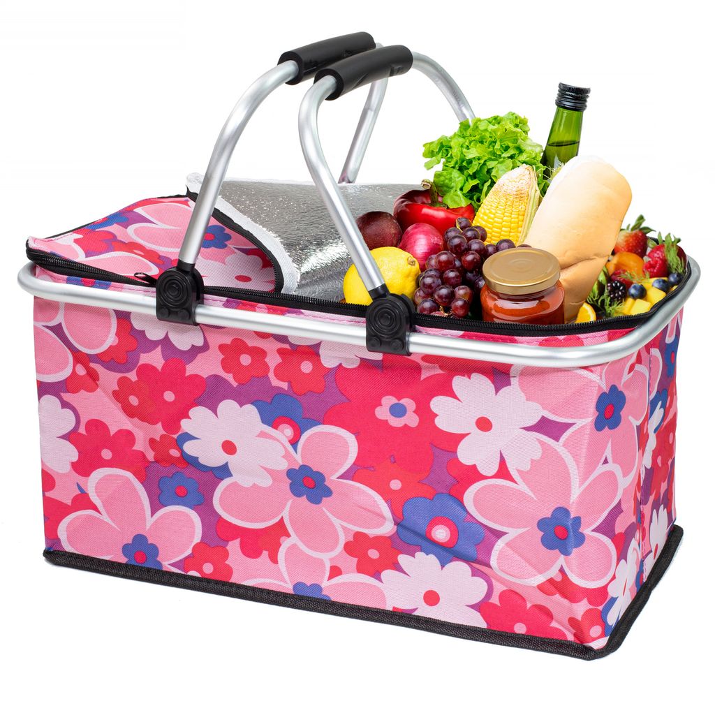 Thermo Picknickkorb Faltbar – Großer Isolierkorb als Einkaufskorb & Kühltasche 30L rosa blume