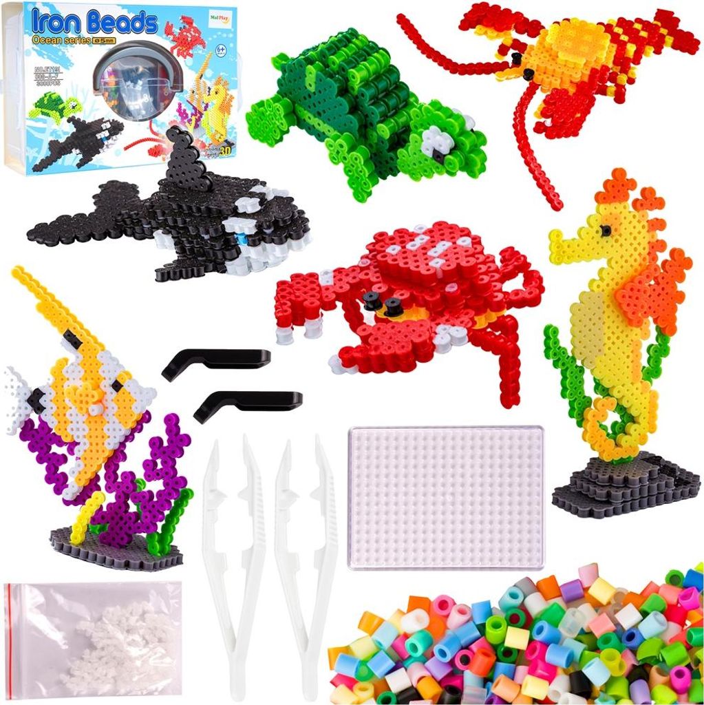Malplay Bügelperlen Meer Wassertiere 3000 Stück 3D Steckperlen mit Muster Platten Iron Beads DIY ab 6 Jahren